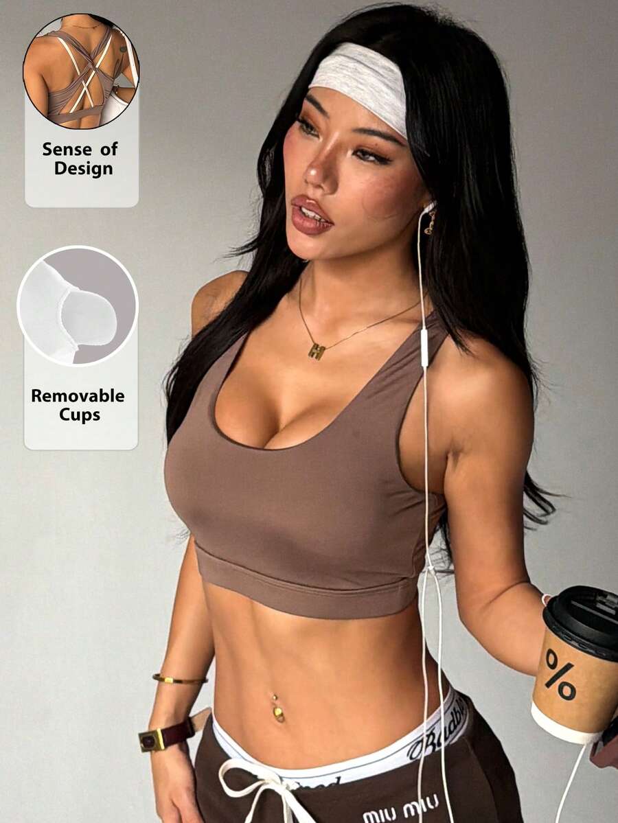 Women's Solid Color Removable Padded Criss-Cross Back Sports Knit Bra Fall - Multicolor - View 1