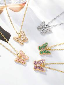 Women's Colorful Zirconia Butterfly Pendant Necklace, Multi-Color Options, Luxury Rhinestone Butterfly Necklace, Titanium Steel Non-Fading Minimalist Versatile Women Pendant - Gold - View 1