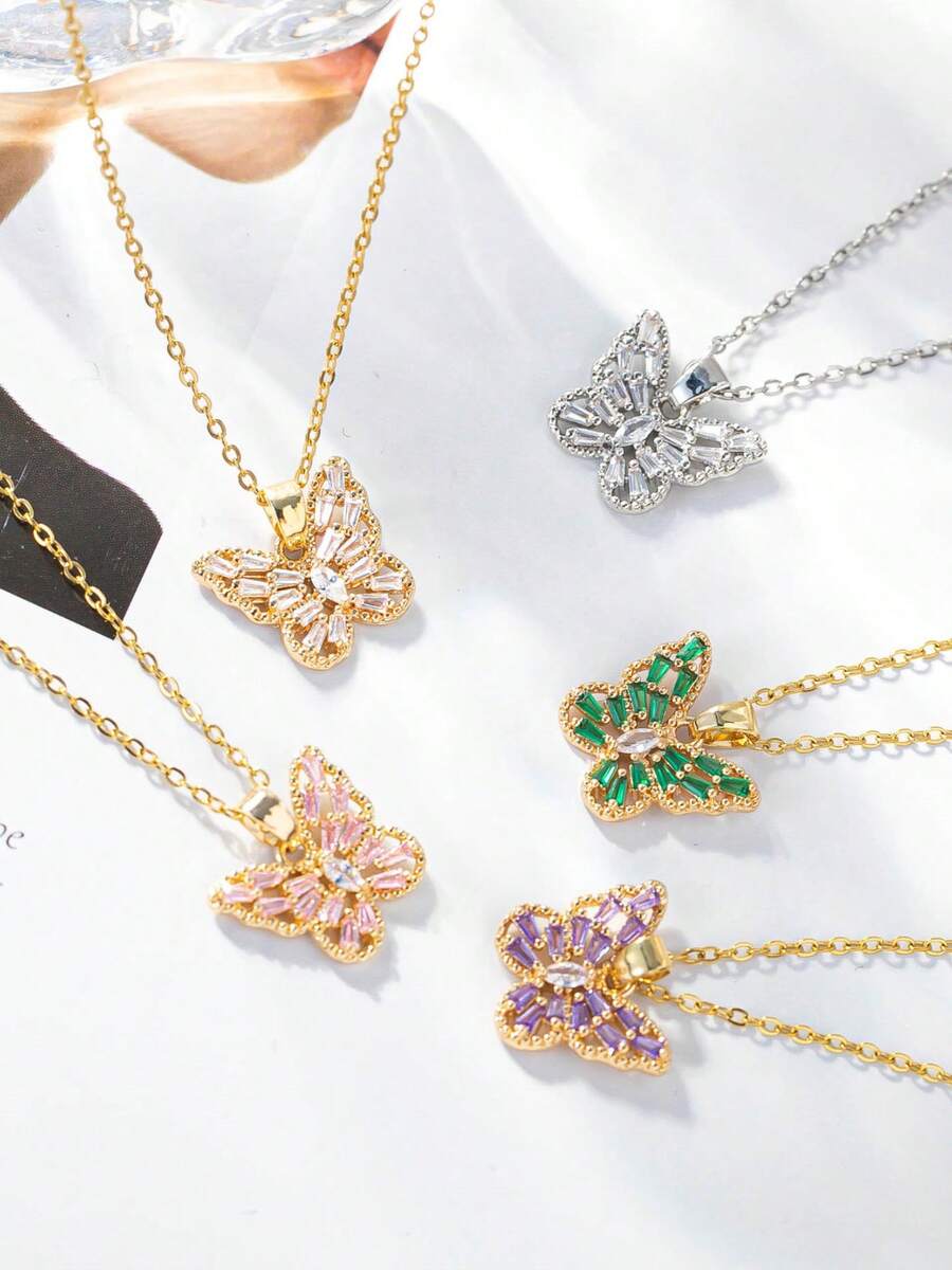 Women's Colorful Zirconia Butterfly Pendant Necklace, Multi-Color Options, Luxury Rhinestone Butterfly Necklace, Titanium Steel Non-Fading Minimalist Versatile Women Pendant - Gold - View 1