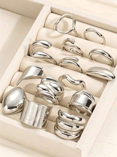 14pcs/2 Sets Fashion Minimalist Elegant Vintage Asymmetrical Geometric Thick Chunky Statement Cocktail Rings Set, Holiday Beach Party Date Everyday Wear