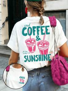 Women's Round Neck T-Shirt, Coffee Cup Pattern Print, Front And Back Pattern Design, Comfortable And Breathable Fabric, Refreshing Summer Top, Regular Fit, Suitable For Everyday Wear And Vacation. - White - View 7