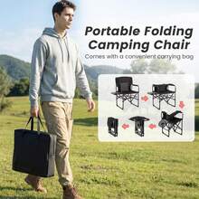Folding Camping Chair, Heavy-Duty Director Chair With Side Table & Cup Holder, Portable Padded Chair With Carrying Bag For Picnic Beach Fishing Sports, Supports Up To 500 LBS - màu đen - Xem 5
