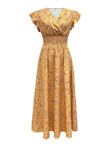 Women's Bohemian Ditsy Floral Shirred Ruffle Cap Sleeve A-Line Midi Dress, Fitted Casual Holiday Vacation Dress For Spring And Summer Elegant - Ginger - View 5
