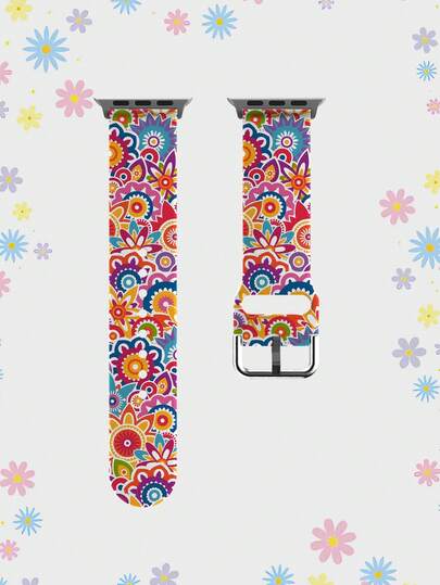 1pc Vintage Floral Pattern Silicone Watch Band, Compatible With Apple Watch 38mm 40mm 41mm 42mm 45mm 49mm (S10/S11 42mm) (S10/S11 46mm), Colorful Dopamine Floral Pattern, Cute Comfortable Replaceable Waterproof Sports Watch Band, Compatible With Series 11 Ultra3 Ultra 2 SE3 S11 S10 SE2 9 8 7 SE 6 5 4 3 2 1, Sports Fashion Smart Watch Band, Suitable For All Seasons, Daily Wear, Thanksgiving, Halloween, Christmas, Birthday Gifts Unisex Accessory Watch Band, Elegant Women's Watch Accessory.