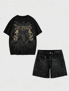 Men's Distressed Black & Grey Rhinestone Star Print Frayed Hem Denim Shorts, Shiny Knee Length Inseam - Black - View 5
