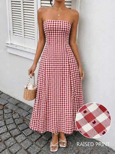 JTI Vestido tubo de mujer de longitud media con tirantes finos, estampado de cuadros rojos y blancos, estilo vintage francés elegante, falda línea A con cintura elástica y bolsillos, adecuado para vacaciones y salidas