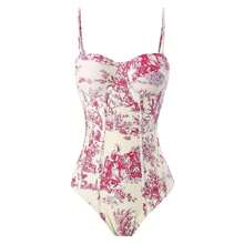 Elegant Boho Women's One-Piece Swimsuit Toile Pattern Corset Style Bathing Suit, Spaghetti Strap, Slight Stretch Fabric - Svart solobadräkt - Visa 6