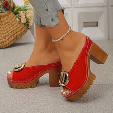 Giày sandal cao gót nữ, màu trơn, khóa kim loại, đế platform chống thấm nước, bản rộng, gót chunky thoải mái, kiểu dáng casual, thích hợp đi làm, phong cách tối giản mùa hè đi biển. - Đỏ - Xem 6