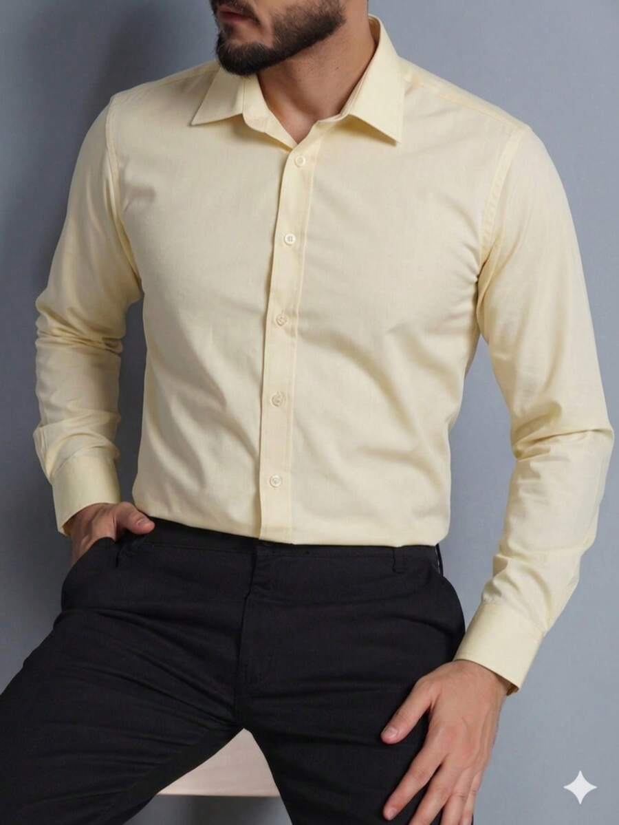 Men's Long-Sleeved Slim Fit Dress Shirt In Microfiber Fabric - 黃色 - 查看 1