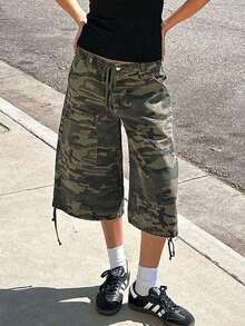 Women Summer Cargo Shorts Casual Camouflage Print Loose Drawstring Short Pants Club Streetwear - Army Green - View 2