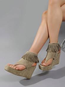 Giày sandal đế xuồng dày dặn mới dành cho nữ, sandal cao gót khoét lỗ thoải mái và đa năng. - Màu Khaki - Xem 2