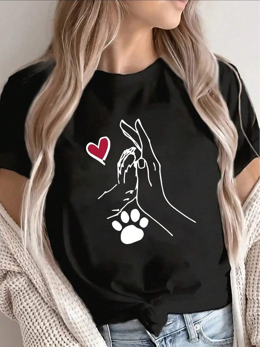 Lightweight Black T-Shirt With Dog Paw Print And Heart Motifs, Perfect For Leisure Outings, As Loungewear, Or For Gatherings Of Animal Lovers. Made From Soft And Breathable Fabric, Ideal For Casual Summer Wear. - Black - View 1