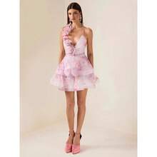 Vestido Corto Halter con Flores, Cordones y Volantes Elegantes - Rosa Pálido - Ver 6