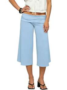 Fold Over Wide Leg Capri Pants For Women Low Rise Lounge Yoga Flare Culottes Y2k Flowy Crop Palazzo Pants - Màu xanh lam - Xem 10