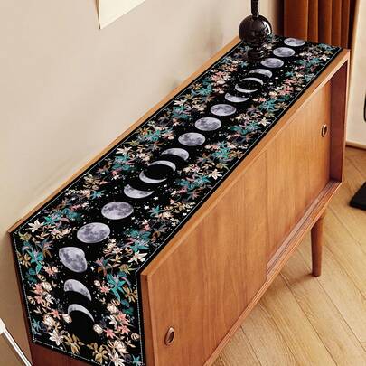 Camino de mesa bohemio con diseño floral y de luna, 100% lino, diseño místico de sol y luna, patrón estacional de hojas florales, rectangular, adecuado para comedor, cocina, decoración del hogar y fiestas