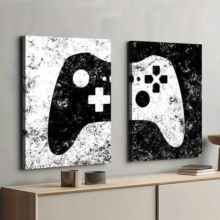 2pcs Retro Gaming Art Wooden Frame Canvas Poster, Gamepad Poster, Creative Waterproof Canvas Poster, Suitable For Bedroom, Office, Living Room, Cafe, Bar, Home And Dormitory Wall Decor - A - View 1