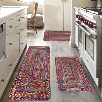 Colorful Striped Woven Kitchen Rug For Halloween, Featuring A Farmhouse Autumn Design Made Of Flannel Material.It Is Non-Slip, Soft, Easy To Clean, And Perfect For The Bathroom, Bedroom, Living Room, Or Porch