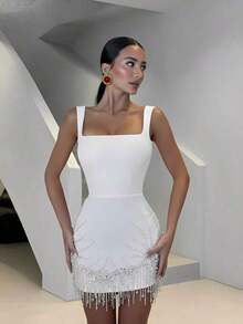 Fashion Elegant Short Spaghetti Strap Bodycon Dress Summer Stain Draped Party Dress Brown Boned Lace Up Back Evening Dress Women Clothes Evening Gown, Fitted, Sequined, Dress - trắng - Xem 8