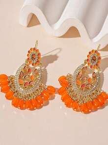 1 对时尚奢华金属几何流苏耳环，适合女性任何场合 - 橘色 - 查看 4