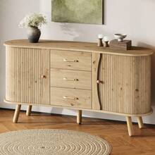 Pea-Shaped Sideboard With Fluted Design, Two Sliding Doors + Three Drawers, Height-Adjustable Compartments, Solid Wood Legs, Wood Look, MDF Material, Modern Scandinavian Style. - Khaki - View 4