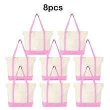1/4/8pcs 17.7x12.6x5.9inch Large Capacity Natural Color Contrast Color Canvas Multi-Piece Set, Wedding Bachelorette Party SPA Gift Tote Bag, Travel Storage Bag, Shopping Bag, Mommy Bag, Beach Bag, Essential For Wedding Theme Party - Beige Color Blocking - L - View 27