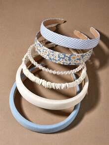 Diademas para mujeres, moda, acolchadas, con flores de perlas falsas y cuadros, scrunchies, aros de pelo anchos antideslizantes, accesorios de pelo estéticos para niñas, uso diario, fiestas, regalos, verano - Azul y blanco - Ver 3