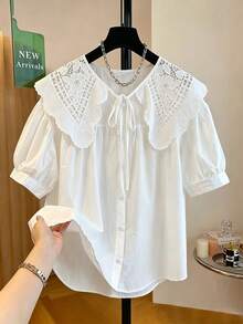 ii Blus Lengan Pendek Longgar Berkerah Peter Pan, Serbaguna untuk Wanita, Warna Putih, Musim Panas - Putih - View 3
