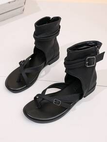1 Pair Of Youth Thong-Style High-Top Design, Adjustable Metal Buckle, Zipper For Easy On And Off, Flat Open-Toe Roman Sandals, A Good Choice For Youth Summer Travel And Daily Wear. - Black - View 8