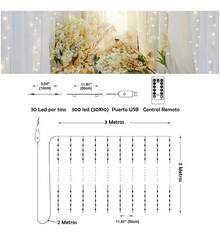 Curtain Lights With Remote Control And USB, Cool White LED String Lights, 300 Decorative LED Waterfall Curtain Lights - White - View 2