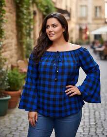 Women's Plaid Shirt, Plus Size  Style Blouse, Long Sleeves, Sizes GG, G1, G2, G3 - Azul-duna - View 1