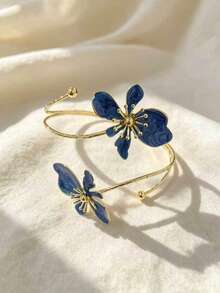 Fashionable Ocean Resort Style Blue Drip Glaze Floral Bangle Bracelet, Adjustable Jewelry Accessory For Women, Suitable For Daily, Party, Summer Beach Outfits - Flowers - View 8