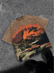 Break The SystemMen's Washed Vintage Crewneck T-Shirt, 100% Cotton 180GSM, Godspeed Highway Car Print, Retro Faded Style, American Streetwear, Summer Outfit, For Daily Commute, Streetwear, Music Festivals, Friends Gatherings, Valentine's Day Gift For BoyfriendRound Neck Loose Fit T-Shirt - Cà phê nâu - Xem 12