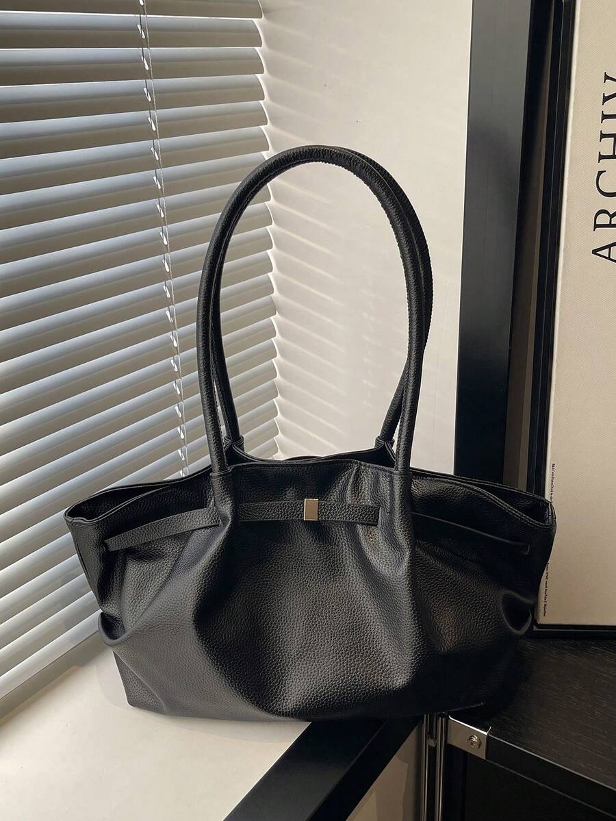 1pc Vintage Women's Handbag, Casual Fashion Large Capacity Versatile Underarm Shoulder Bag, New Commuting Work Tote Bag, Solid Color Buckle Closure, Embossed Texture, Strap Decor, Suitable For Outing, Shopping, Commute, Office, Business, Birthday Gift