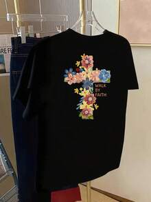 Women's T-Shirt With Front And Back Print, "Flower Of Faith" And "Walk By Faith" Graphic, Women's Round Neck Top, Fashionable, Casual, Short Sleeves, Suitable For All Seasons And Daily Use, Fun Printed Design, Top Summer. - Black - View 1