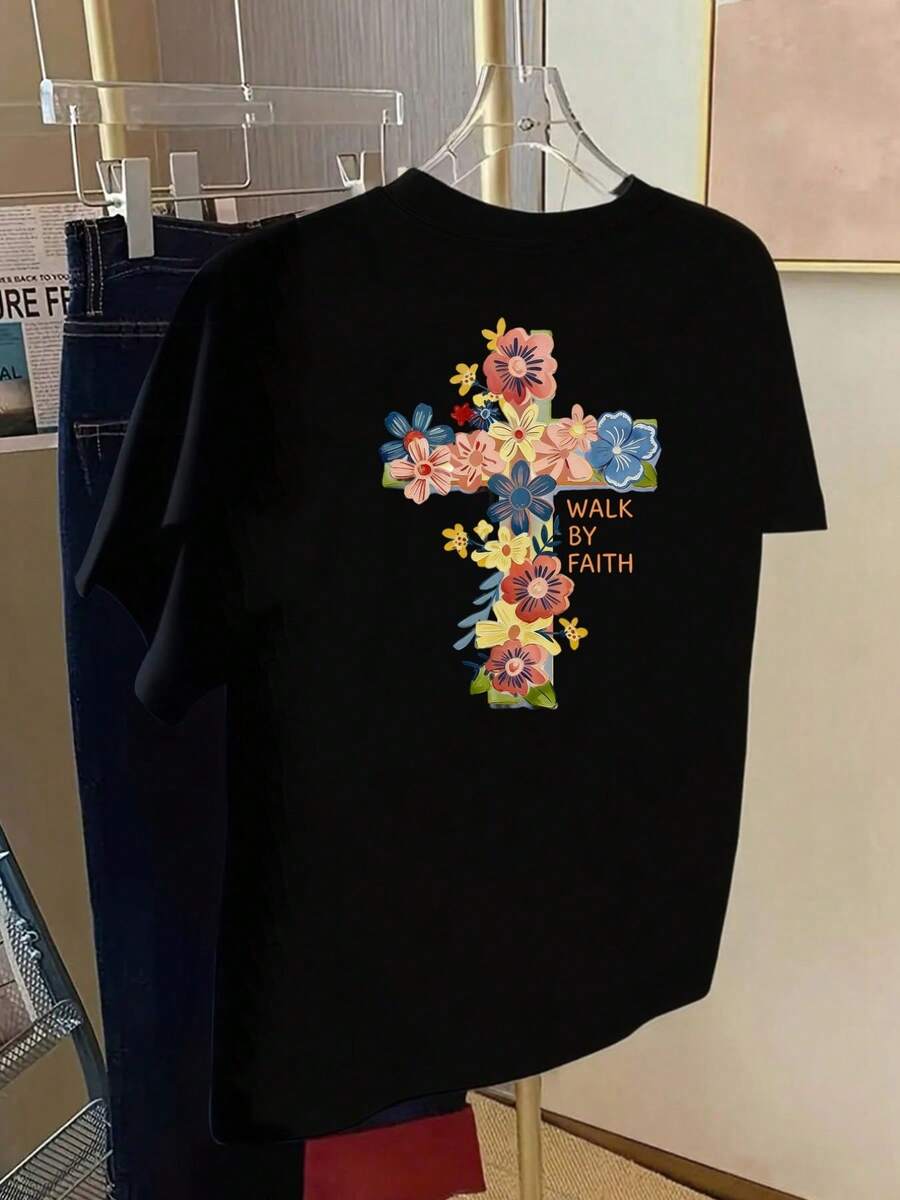 Women's T-Shirt With Front And Back Print, "Flower Of Faith" And "Walk By Faith" Graphic, Women's Round Neck Top, Fashionable, Casual, Short Sleeves, Suitable For All Seasons And Daily Use, Fun Printed Design, Top Summer. - Black - View 1