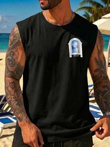JINYA Men's Summer Casual Luxury Art Resort Style, Modern American Retro Surfing Seascape Scenery, Crew Neck Sleeveless Tank Top, Home, Outdoor, City, Regular, Vacation, Leisure, Youth, Minimalist, Campus, Retro Versatile, Personalized, Sports - Black - View 2