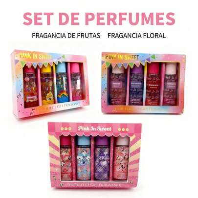Set de perfume 4 piezas, caja de regalo, fragancia frutal y floral, perfumes para mujeres y hombres, mini perfumes portátiles, ideal para viaje, obsequios de cumpleaños, aniversario, Navidad, variedad de aromas y lujo en presentación compacta