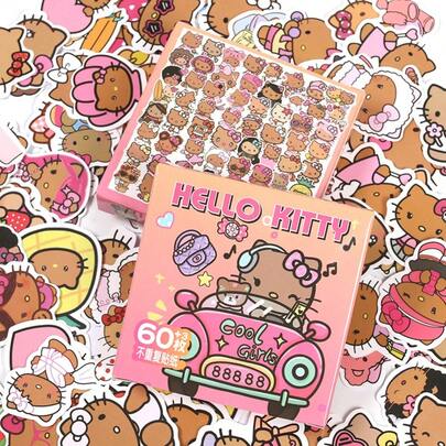 SANRIO 60-Piece Black Kite Cat Sticker Gift Box Set - Cute Cartoon Creative Journal Decor, Waterproof, Cartoon Anime Multi-Styles & Patterns, Suitable For Kindergarten, School, Students, Boys & Girls, Home, Classroom, Writing, Office, Graffiti, Drawing, Multi-Purpose Universal Stickers, 3D Creative Sticker Set