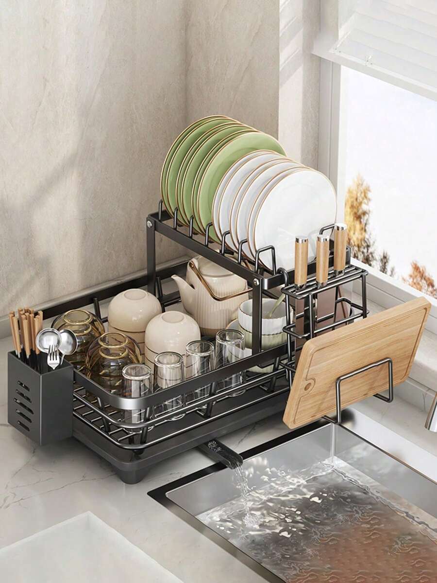 Dish rack, 2-layer tableware rack, rust-proof kitchen dish drying rack, drainage board and tableware rack for kitchen countertop, kitchen accessories - Schwarz - Übersicht 1