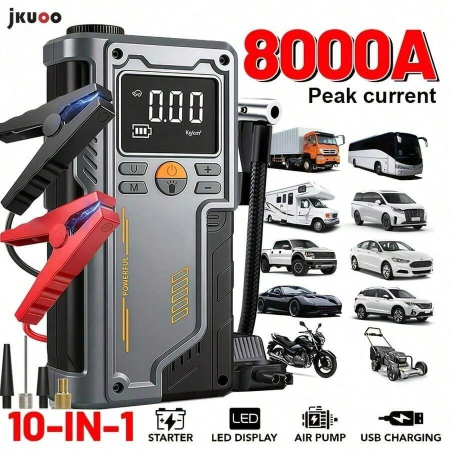 便攜式汽車跳啟啟動器附充氣機，150PSI 數位輪胎充氣機，8000A 跳啟啟動器，12V 電池跳啟盒汽車電池跳啟啟動器，LCD 螢幕，壓縮機，便攜式啟動器與維修工具，汽車配件