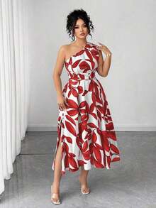 Vestido maxi de punto con estampado floral azul y blanco para mujer de talla grande, adecuado para volver al colegio, graduación, San Valentín, festival de música, Día de la Madre, Halloween, Acción de Gracias, Pascua, Baile de graduación, citas, temporada de bodas, viajes al aire libre - Rojo - Ver 3