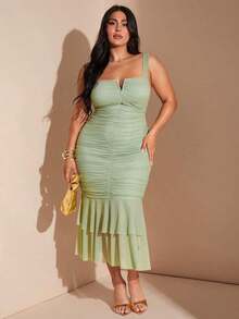 Vestido midi ajustado con cuello en V, volantes y pliegues para mujer de talla grande, vestido de fiesta para vacaciones - Verde - Ver 4