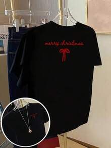 Women's T-Shirt With "Merry Christmas" Print On The Front And Back, Fashionable Short Sleeves, Unique Design On Both Sides, Ideal For Everyday Wear - Casual Crew Neck T-Shirt, Comfortable Fit, For Leisure, Going Out And Spring Outfits. - Black - View 1