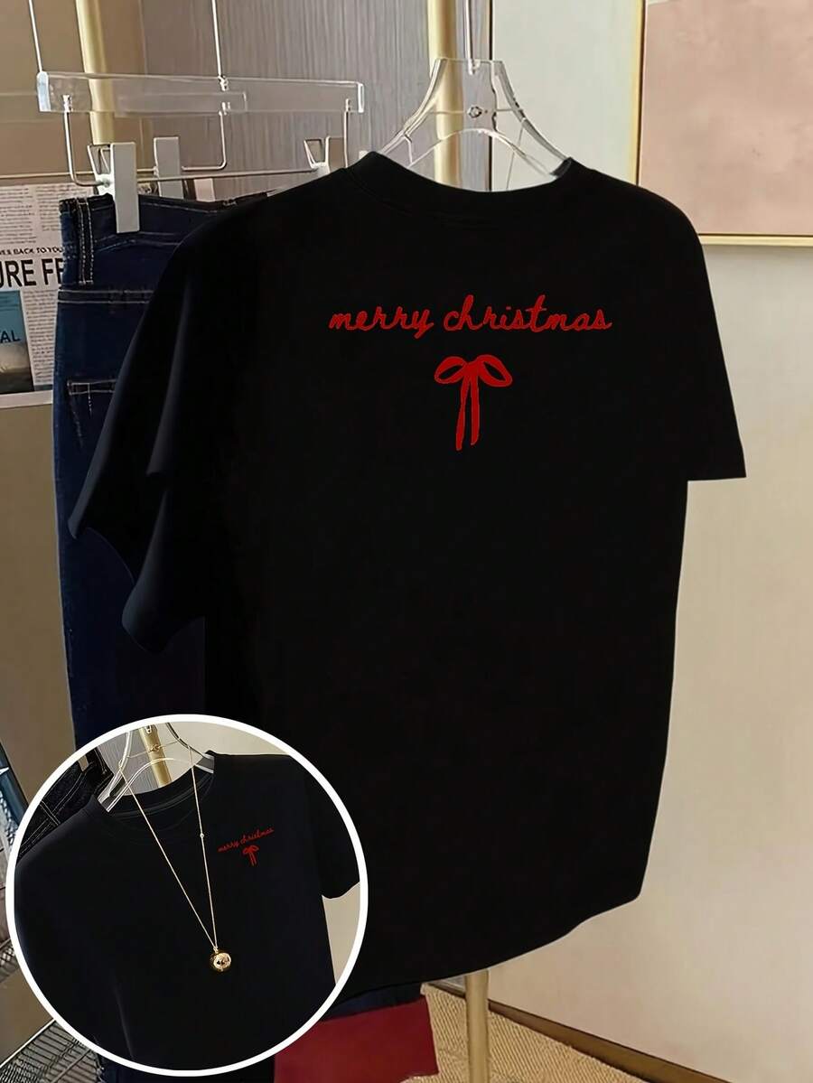 Women's T-Shirt With "Merry Christmas" Print On The Front And Back, Fashionable Short Sleeves, Unique Design On Both Sides, Ideal For Everyday Wear - Casual Crew Neck T-Shirt, Comfortable Fit, For Leisure, Going Out And Spring Outfits. - Black - View 1