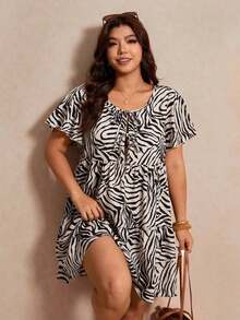 Elaquor Vestido mini de leopardo de talla grande, vestido corto de talla grande con cuello redondo y mangas con volantes, vestido acampanado con cintura recogida y lazo, vestido de línea A, vestido de cuello de muñeca, vestido de estampado animal de talla grande - Multicolor - Ver 7