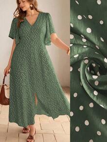Roveilla Vestido maxi de mujer talla grande con cuello en V, lunares románticos, ajuste de cintura con botones, dobladillo con abertura, mangas abullonadas. Elegante, de estilo retro francés, formal, para oficina, casual, vacaciones, té de la tarde, minimalista y versátil. Nuevo para primavera/verano - Verde militar - Ver 1