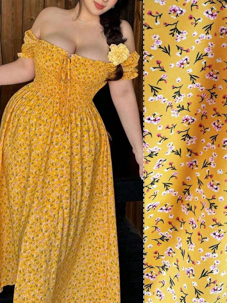 Vibekara Vestido casual de talla grande con cintura ceñida y estampado floral diminuto - Amarillo - Ver 1