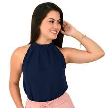 Set Of 3 Women's Formal Blouses With High Neck, Elegant Dunas Fabric - 黑-海軍藍-米色 - 查看 4