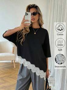 LUNE Camiseta casual de mujer con dobladillo asimétrico de encaje de unicolor, uso básico diario, blusa casual de primavera/verano para vacaciones de mujer, vacaciones de verano para mujer, primavera para mujer, vacaciones de primavera, top para ir a la playa - Blanco y Negro - Ver 1