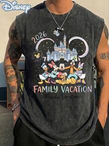 Disney Officially Licensed Family Vacation 2026 Washed Sleeveless Tank Top, Castle Crew Graphic Tee, Vintage Oversized Casual Muscle Shirt, Perfect For Theme Park Trips & Fans - 黑色 - 查看 2